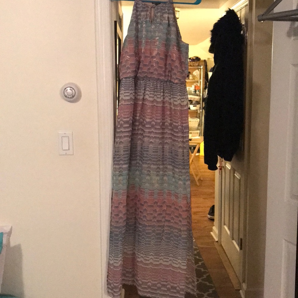 Multi color with gold, maxi dress with side slits